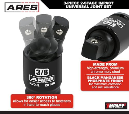 ARES 27027-3-Piece 2-Stage Impact Universal Joint Set – 2-Stage Ball Spring Design Changes Socket from Swivel to Fixed Position - 1/4-Inch, 3/8-Inch and 1/2-Inch Drive - size: 1/4-Inch, 3/8-Inch, 1/2-Inch 2-Stage Set
