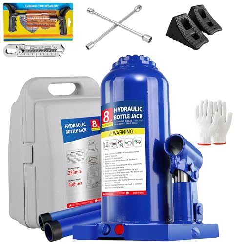 8T Bottle Jack with Tire Kit, Chock & Cross Wrench, 16K lbs | Heavy-duty 8-ton jack , tire kit , chock and cross wrench. 8.98"-17.24" lift. Welded steel. Portable. - color: 8 Ton with Tire Kit + Wheel Chock + Cross Wrench