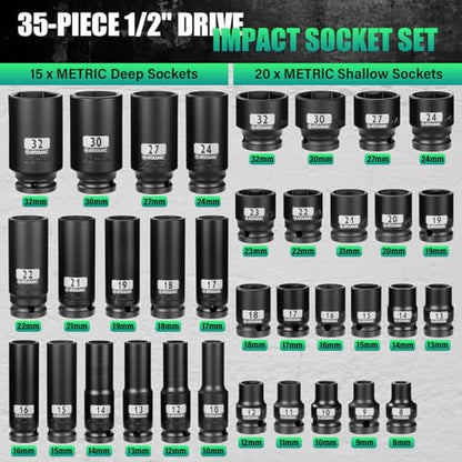 1/2" Spuare Drive 35 Piece Impact Socket Set,Metric Shallow (8-32mm) and Deep (10-32mm) Allen Sockets,Dual Size Markings,6 Point Radius Corner Design,CR-MO Alloy Steel for Auto Repair - size: 1/2" Metric 35pc