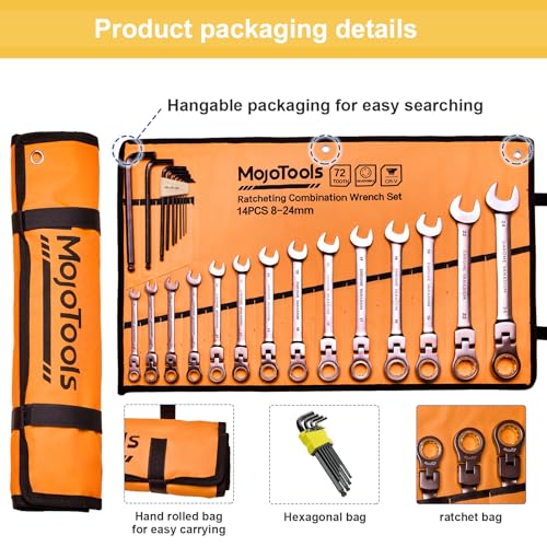23-Piece Metric Wrench Set, Ratcheting Wrench Set with 8-24 mm Flex-Head Combination Wrenches, 9 Allen Keys, 72-Tooth Cr-V Steel, Nickel Plated, Organizer Bag