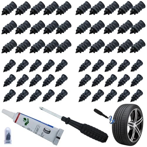 62 PCS Tire Repair Rubber Nail Kit with Sealant Glue & Screwdriver, Premium Spiral Screw-in Tire Plugs with 2 Sizes - Emergency Roadside Flat Tire Fix for Car Truck Motorcycle ATV SUV - color: 60 Pcs