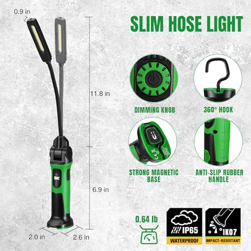 SK Ultra-Slim Flexible Work Light, Magnetic Work Light Rechargeable, 500 LM COB LED Light & 150 LM Spot Light with Hook, 360 ° Rotation, 2600 mAh Battery, Stepless Dimming, for Inspection, Auto Repair
