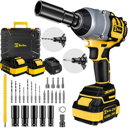 1/2 inch Cordless Impact Wrench,650Ft-lbs (800N.m) Brushless Power Impact Driver,3000RPM High Torque Impact Gun,2x 4.0 Battery, 5 Sockets,8 Drill,6 Screws for Home Car Tires Truck Mower