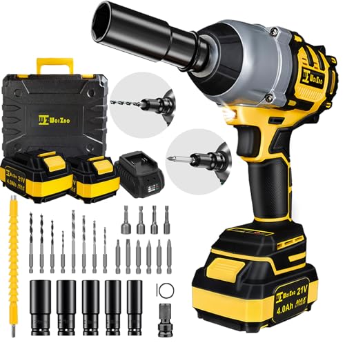 1/2 inch Cordless Impact Wrench,650Ft-lbs (800N.m) Brushless Power Impact Driver,3000RPM High Torque Impact Gun,2x 4.0 Battery, 5 Sockets,8 Drill,6 Screws for Home Car Tires Truck Mower