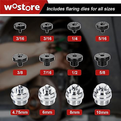Wostore 25 FT 3/16" Brake Line Flare with 24 Brass Fittings & Double/Single Flaring Tool Kit for Single, Double (SAE) Flares & Bubble (ISO) Flares with Tubing Cutter Pipe Reamer for 3/16-5/8" 7 Sizes - size: Flaring tool with 3/16" brake line