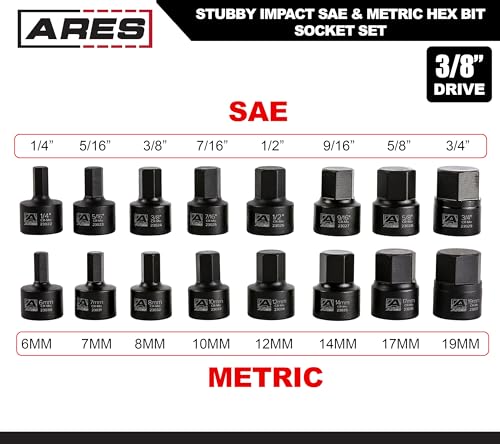 ARES 23021 16-Piece Stubby Impact SAE and Metric Hex Bit Socket Set | Chrome Moly Steel Construction and Manganese Phosphate Coating; Includes Storage Case - size: Stubby SAE and Metric Impact Hex Driver Set