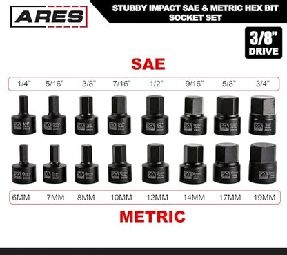 ARES 23021 16-Piece Stubby Impact SAE and Metric Hex Bit Socket Set | Chrome Moly Steel Construction and Manganese Phosphate Coating; Includes Storage Case - size: Stubby SAE and Metric Impact Hex Driver Set
