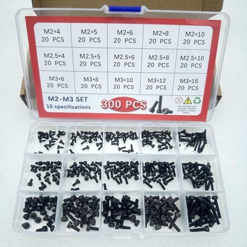 Button Head/Hex Socket/Phillips Flat Head Screws Assortment - Furniture, Auto, Home Repair Fastener Kit (300PCS M2-M3 Hexagon Screws Set - Black) - color: 300PCS M2-M3 Hexagon Screws Set - Black