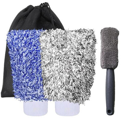 Pro Car Wash Mitt & Brush Kit: 2 Ultra Plush Chenille Mitts & Wheel Brush | Holds 10oz Water, Scratch-Free, Machine Washable | Includes Storage Bag