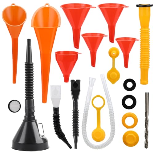 GOOACC 17 Pcs Automotive Funnel Set & Gas Can Spout Replacement, Plastic Wide Mouth Fuel Funnels with Filter, Flexible Oil Funnel Kit for Engine Oil Coolant Gasoline Transfer - size: 17PCS