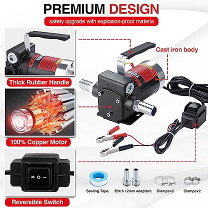 TOPWAY 12V DC Gasoline Fuel Pump 3.7GPM Self-priming Oil Transfer Pump With Handle, Reversible Pumping, Overheat Protection, Explosion-Proof, Built-in Bypass, for Gasoline Fuel Diesel Kerosene Removal - style: 12V 3.7GPM