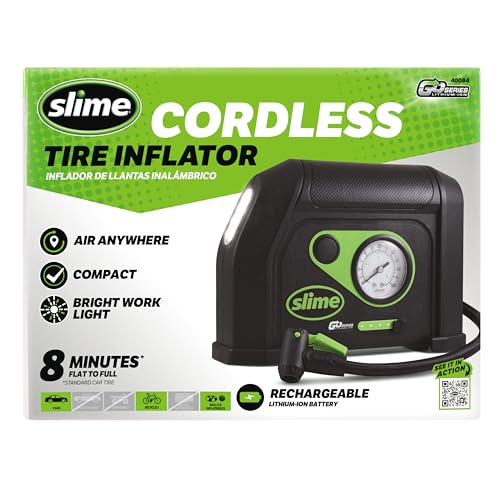 Slime 40084 Tire Inflator, Cordless, Portable Air Compressor Pump, Lithium Ion Battery and LED Light, Rechargeable, 8 min Inflation - style: Cordless Tire Inflator