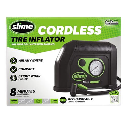 Slime 40084 Tire Inflator, Cordless, Portable Air Compressor Pump, Lithium Ion Battery and LED Light, Rechargeable, 8 min Inflation - style: Cordless Tire Inflator