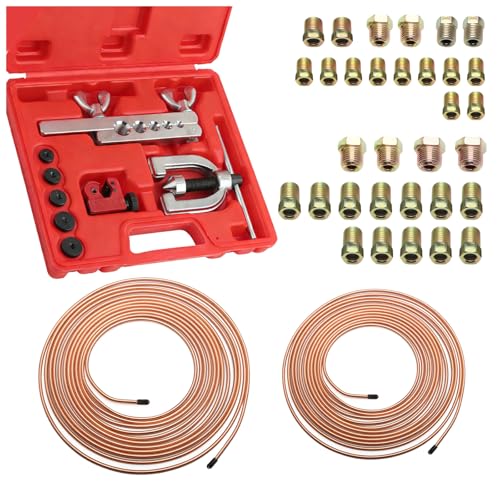 Brake Line Flaring Tool Kit with 32 Inverted Fittings,Brake Line Kit 25Ft 3/16" & 1/4" Copper Plated Tubing,Single & Double Flare Tool Set,Brakes Lines Repair Kits for Car SUV Truck