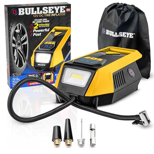 Bullseye 12V DC Car Tire Inflator Portable Air Compressor - Rapid 2 Minute Inflation, Auto Shut-Off, Max 150 PSI, Easy Cord Storage, Digital Pressure Gauge, LED Display (Yellow) - As Seen on TV - color: Yellow