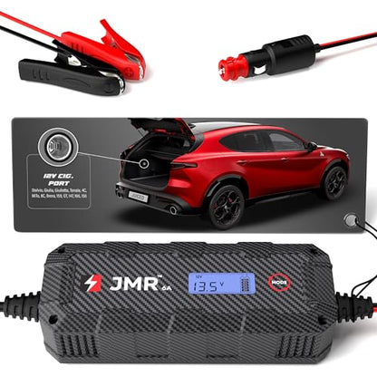 JMR 12V Battery Charger for Alfa Romeo, 12V Cig. Port, No Lithium Mode | Trickle Charger Conditioner Maintainer For Stelvio Giulia Giulietta Tonale 4C MiTo 8C Brera 159 GT 147 166 156 All Models - size: No Lithium Mode