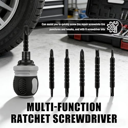 29PCS Tire Plug Kit,Self-Service Tire Repair Rubber Nail Kit Includes Ratchet Screwdriver,Pliers,Screw in Tires Plugs,Universal Tires Repair Kits for Quick Puncture Repairs