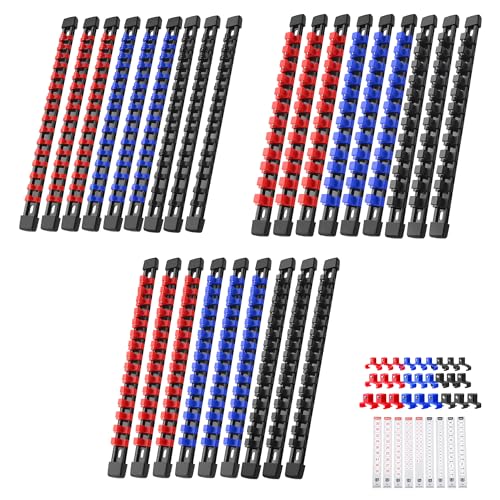 Reniteco 27-Pack Socket Organizer Set, 1/4" x 144 3/8" x 90 1/2" x 72 Clips | 306 Clip Capacity, Havy-Duty ABS Socket Rails, Removable Clips, Drive Socket Storage, Toolbox Drawer or Wall Mount - color: Blue&red&black, size: 27 Pcs