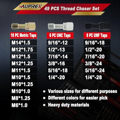 AUPREX 49Pcs Thread Chaser Set, UNC, UNF & Metric Thread Repair Kit with Taps, Dies and Thread Files for Re-Threading, Universal Metric and SAE Thread Chaser Kit - size: 49Pcs Metric&SAE
