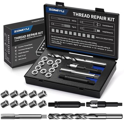 M10x1.5 Metric Thread Repair Kit, with HSS Drill, HSS Tap, Counterbore, Installation Driver, M10x1.5MM 10 pcs 304 Stainless Steel Inserts (14mm Length)