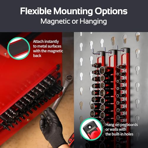 CHAGO 3PC Magnetic Socket Organizer, 40 Clips 1/4" 3/8" 1/2" Aluminum Swivel Rail
