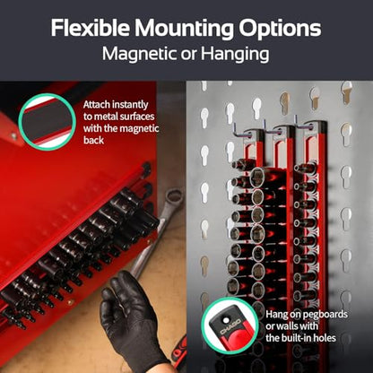 CHAGO 3PC Magnetic Socket Organizer, 40 Clips 1/4" 3/8" 1/2" Aluminum Swivel Rail
