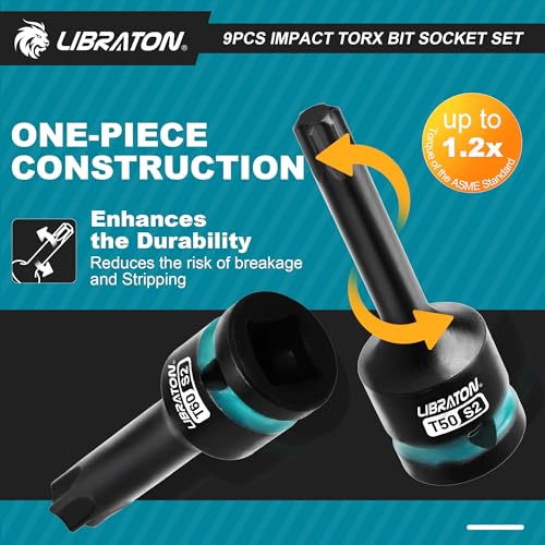 LIBRATON Impact Torx Bit Socket Set, 1/2" Drive, S2 Steel, 9PCS Impact Star Bit Socket Set (T30-T80), High Impact Torx Sockets, XPE Storage, Professional Mechanic and Automotive Repair - style: 9PCS Torx
