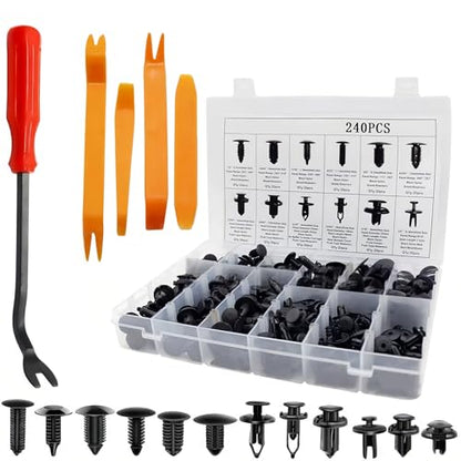 Automotive Clips and Fasteners, 240 PCS Bumper Retainer Clips, Car Plastic Rivets Fasteners Push Retainer Kit, Auto Trim Removal Tool Kit for GM Ford Honda Chrysler
