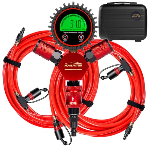 4 Tire Inflation Deflation System W/300PSI Digital Pressure Gauge | Fits up to 200" Wheelbase, Plastic Carry Box & Heavy Duty Hoses, Fits Truck, Car, Trailer, Motorcycle Offroad Vehicles, Red - color: Red