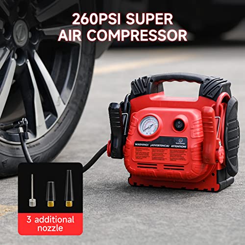 Car Battery Jump Starter with Air Compressor Portable Tire Inflator,260PSI 1000Amp Battery Booster Jumper Box(Up to 5L Gas or 5L Diesel) Power Station 12V DC Outlet USB Port,LED Light - style: HH635