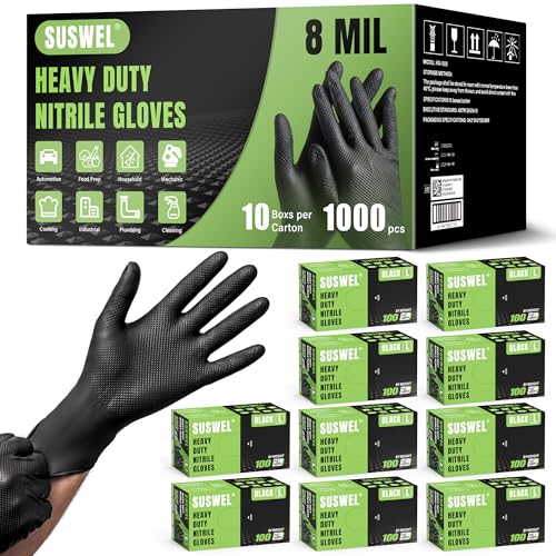 HEAVY DUTY 8 Mil Black Nitrile Gloves Disposable Latex Free Raised Diamond Textured Industrial Mechanic Gloves 1000PCs - size: X-Large