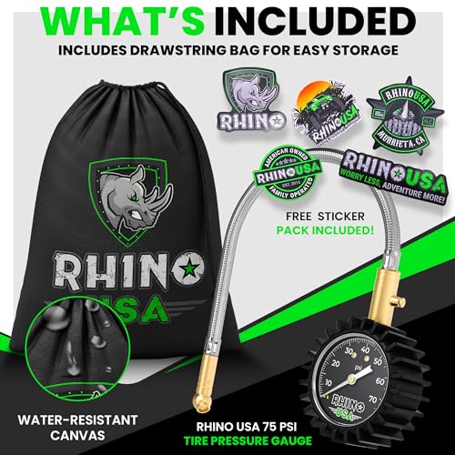 Rhino USA Heavy Duty Tire Pressure Gauge - ANSI Certified Glow Dial | ANSI B40.1 certified accurate, large 2in glow dial, 360° swivel head, solid brass hardware for car & truck tires. - size: 75 PSI Compact