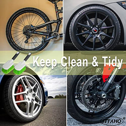 2 Pack Car Wash Brush, Tire Brush for Cleaning Tires, Soft & Stiff Bristle Wheel Cleaner, Car Cleaning Supplies for Wheels, Rims, Carpet, Truck, SUV, Moto, RV, Motorcycle
