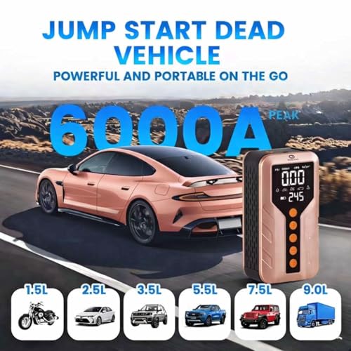 Jump Starter with Air Compressor for All-Terrain Vehicles, Light Pink, Lithium Ion, 12 Volts, 6000 Amps - color: Rose Gold