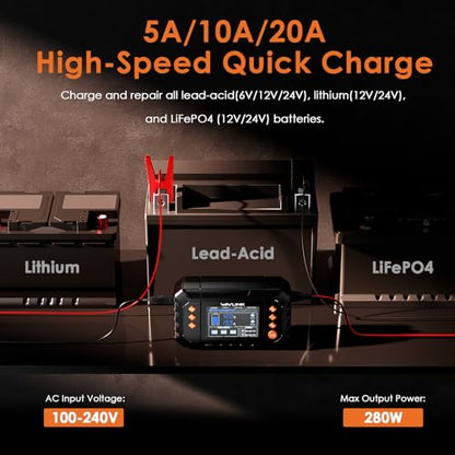 WAVLINK 280W Smart Battery Charger, Max. 20A Trickle Charger with LCD Display, for 6V/12V/24V Lead-Acid/Lithium/LiFePO4 Batteries, Battery Maintainer and Desulfurizer for Cars,Boats, Motorcycles - color: 20-amp