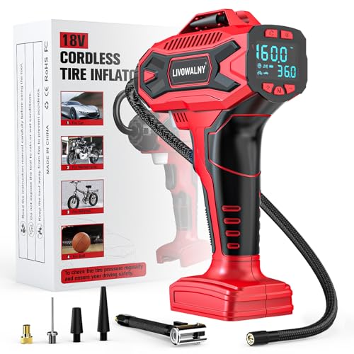 Tire Inflator Air Compressor Compatible with Milwaukee 18V Battery, LIVOWALNY 160 PSI Cordless Portable Electric Air Pump 2026 Bigger LCD Digital Pressure Gauge for Car, Bike, Sport Ball (Tool Only) - color: Red