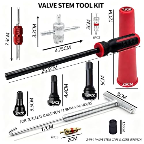 Tire Valve Stem & Core Removal Replacement Installation Tool Kit,Valve Stem Remover without Tire Removal,Longer Tire Valve Stem Puller For Checking Tire Pressure,for Cars Motorcycles Lawn Mowers ATVs
