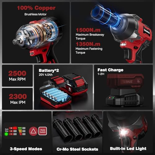 ARCCAPTAIN Cordless Impact Wrench, 1500N.m (1106Ft-lbs) 1/2" High Torque Impact Gun, 15C High-Rate 2x4.0Ah Batteries, 20V Power Impact Driver, Supports Up to 40mm Socket for Heavy Truck/Car/Pickup