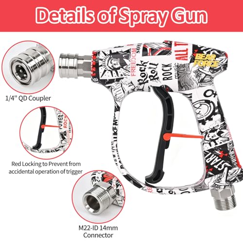 BEAR FORCE Pressure Washer Gun Up to 3000 PSI with Undiluted Mini Foam Cannon Set, 5 Spray Nozzles, Power Washer Spray Gun with 3/8'' Swivel Quick Connect, M22-15mm Connector, Car Wash, Car Detailing - color: Spray Gun & Mini Foam Cannon Set