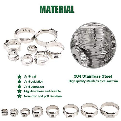 Keadic 81Pcs Single Ear Hose Clamps, 6-23.5mm Stepless Hose Clamps with Ear Clamp Pincer 304 Stainless Steel Ear Clamps Crimp Pinch Tools for Automotive Home Appliance