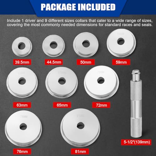 NYXOVA Bearing Press Kit, 10pcs Universal Bearing Race and Seal Bushing Driver Install Set with Seal Driver and 9 Bearing Adapters, Seal Bushing Driver Install Set for Bearing Installation