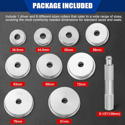 NYXOVA Bearing Press Kit, 10pcs Universal Bearing Race and Seal Bushing Driver Install Set with Seal Driver and 9 Bearing Adapters, Seal Bushing Driver Install Set for Bearing Installation