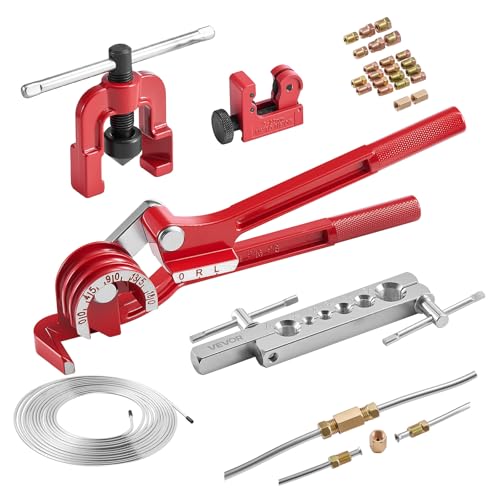 VEVOR 3/16" Brake Line Repair Kit, 45° Single Brake Line Flaring Tool Kit, 25FT Copper-Coated Brake Line with 20 Fittings & 2 Unions, 3-in-1 Tube Bender (1/4", 5/16", 3/8"), Tube Cutter Included - size: 3/16"-5/8"