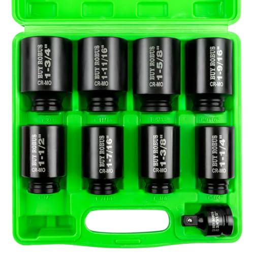 1/2" Drive Impact Socket Set, 9-Piece Standard SAE Deep Axle Nut Sockets, 6-Point, Cr-Mo,1-1/4，1-3/8，1-7/16，1-1/2，1-9/16，1-5/8，1-11/16，1-3/4, Impact Socket Adapter (3/4" x 1/2")