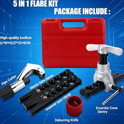 Eccentric Flaring Tool Kit, 45° Copper Flaring Tool for HVAC Mini Split & Auto Brake Line, SAE 1/4"-3/4" & Metric 6-19mm Tubing Flaring Kit with Tube Cutter, Deburrer and Hard Storage Case