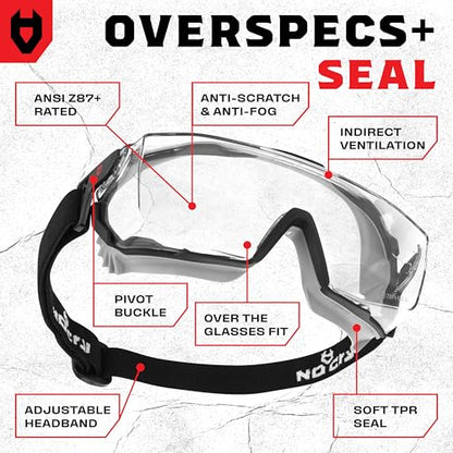 NoCry Clear Safety Goggles Over Glasses — for Men & Women With Gasket, UV380, Anti Fog Panoramic Vented Lenses — ANSI Z87.1 Eye Protection For Construction, Dust And Lab Goggles Adult - style: Overspecs Goggles
