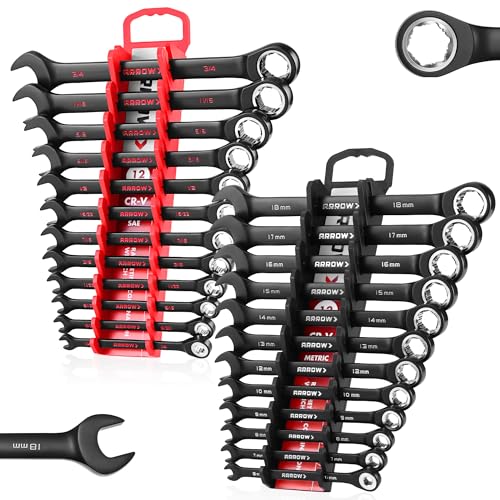 ARROW 24PCS Ratcheting Wrench Set Metric and Standard, Anti-Slip 6-18mm & 1/4"-3/4" Combination Ratchet Wrench Set with 2 Magnetic Tool Holders, CRV Material, 72-Teeth, Easy to Carry & Store - style: Metric & SAE