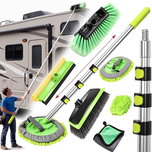 12ft 7PCS Car & RV Wash Brush Kit with Long Extendable Handle RV Car Truck Wash Kit with Hardness Brush Adjustable Chenille Mop Sponge Squeegee Tire Brushes Micro Fiber Towels Chenille Mitt for SUV