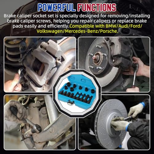 Brake Caliper Socket Set 16 Specifications Brake Caliper Removal Tool Kit High Torque 1/2" Square Drive Socket Wrench Brake Caliper Special Socket Set Compatible with BMW/Audi/Ford/Volkswagen