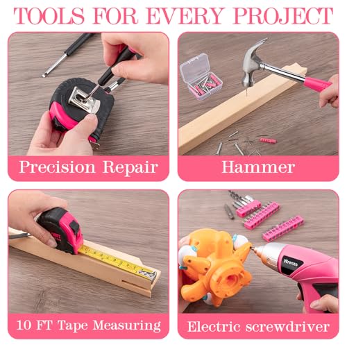 Drill Set,Cordless Drill,Small Tool Kit,112pc 3.6V USB Tool Set,Tool Kit for Dorm,Cordless & Rechargeable,Pink Home Toolbox for Women,DIY Toolbox